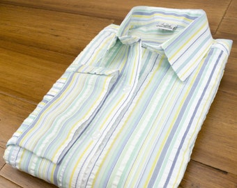 Grenouille 3/4 Sleeve Green, Yellow & Purple Stripe Seersucker Shirt | Grenouille Signature Shirts | Mother's Day / Birthday Gift