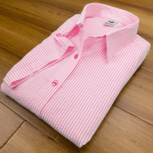 Grenouille Cap Sleeve Pink & White Stripe Seersucker Shirt | Grenouille Signature Shirts | Mother's Day / Birthday Gift