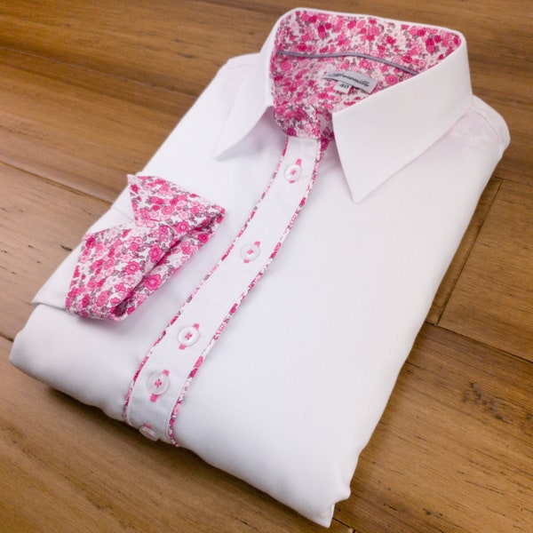 Grenouille Ladies Long Sleeve White Shirt with Pink and White Floral Details | Grenouille Signature Shirts | Mother's Day / Birthday Gift