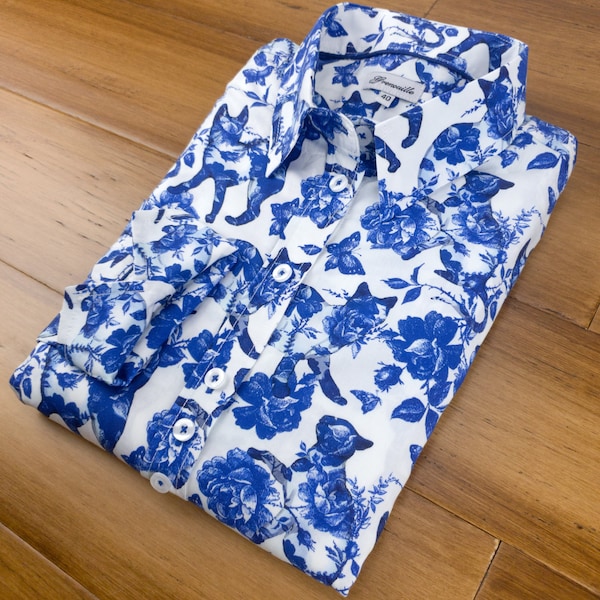 Grenouille Ladies Blue Cat and Flower Print Shaped Fit Shirt | Grenouille Shirts | Mother's Day / Birthday Gift
