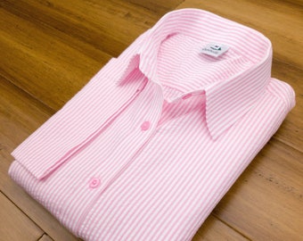 Grenouille Ladies 3/4 Sleeve Bright Pink & White Stripe Seersucker Shirt | Grenouille Signature Shirts | Mother's Day / Birthday Gift