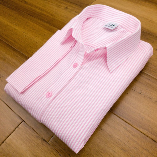 Grenouille Ladies 3/4 Sleeve Bright Pink & White Stripe Seersucker Shirt | Grenouille Signature Shirts | Mother's Day / Birthday Gift