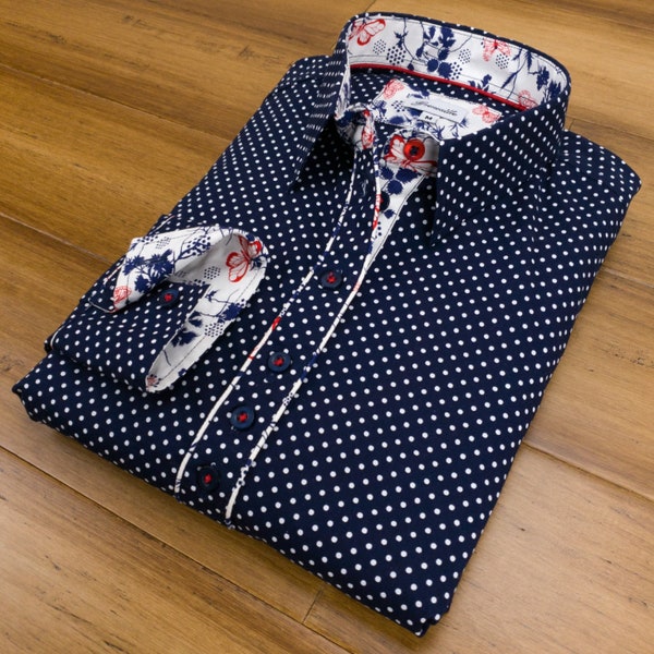 Chemise/chemisier à manches longues pour femme bleu marine à pois blancs avec détail papillon | Chemises emblématiques Grenouille | Cadeau fête des mères / anniversaire