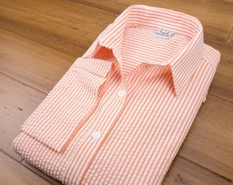 Grenouille Ladies 3/4 Sleeve Orange and Bright White Stripe Seersucker Shirt | Grenouille Signature Shirts | Mother's Day / Birthday Gift