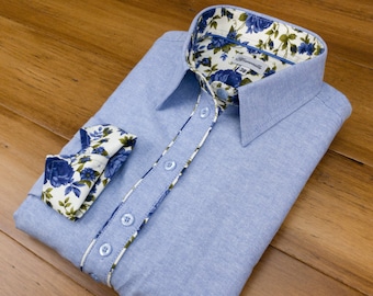 Grenouille Ladies Long Sleeve Blue Cotton Oxford Shaped Fit Shirt with Blue Country Rose Accents | Mother's Day / Birthday Gift