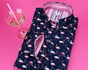 Camisa señoras Grenouille Manga Larga Algodón-Azul Pastel Rosas y