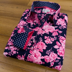 Ladies Long Sleeve Navy With Pink Rose Shirt / Blouse | Grenouille Signature Shirts | Mother's Day / Birthday Gift