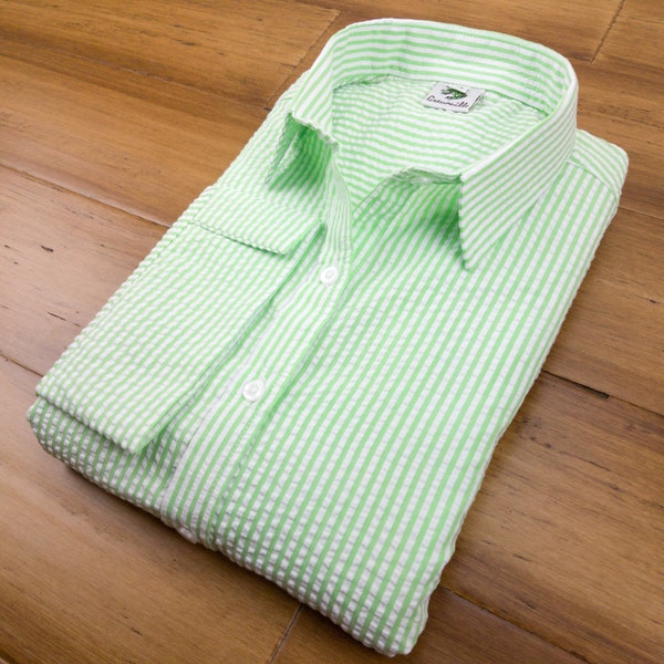 Grenouille Ladies 3/4 Sleeve Apple Green & Bright White Stripe Seersucker Shirt | Grenouille Signature Shirts | Mother's Day / Birthday Gift