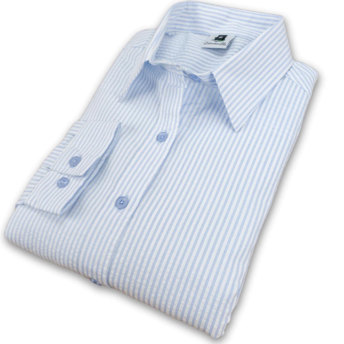 Grenouille Ladies Long Sleeve Blue and White Stripe Seersucker Shirt | Grenouille Signature Shirts | Mother's Day / Birthday Gift