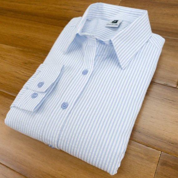 Camicia Seersucker a righe blu e bianche da donna a maniche lunghe Grenouille Camicie firmate Grenouille Festa della mamma Regalo di compleanno Etsy Italia