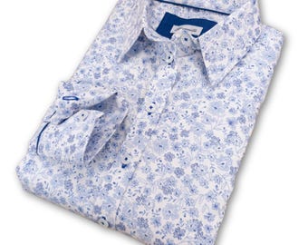 Chemise en coton à fleurs grenouille pour femme : imprimé griffonnage bleu, manches longues