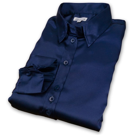 Roll Up Cuffs シャツ　ネイビー Ladies Navy Satin Blouse: French Cuff Long Sleeve Shirt, Shaped