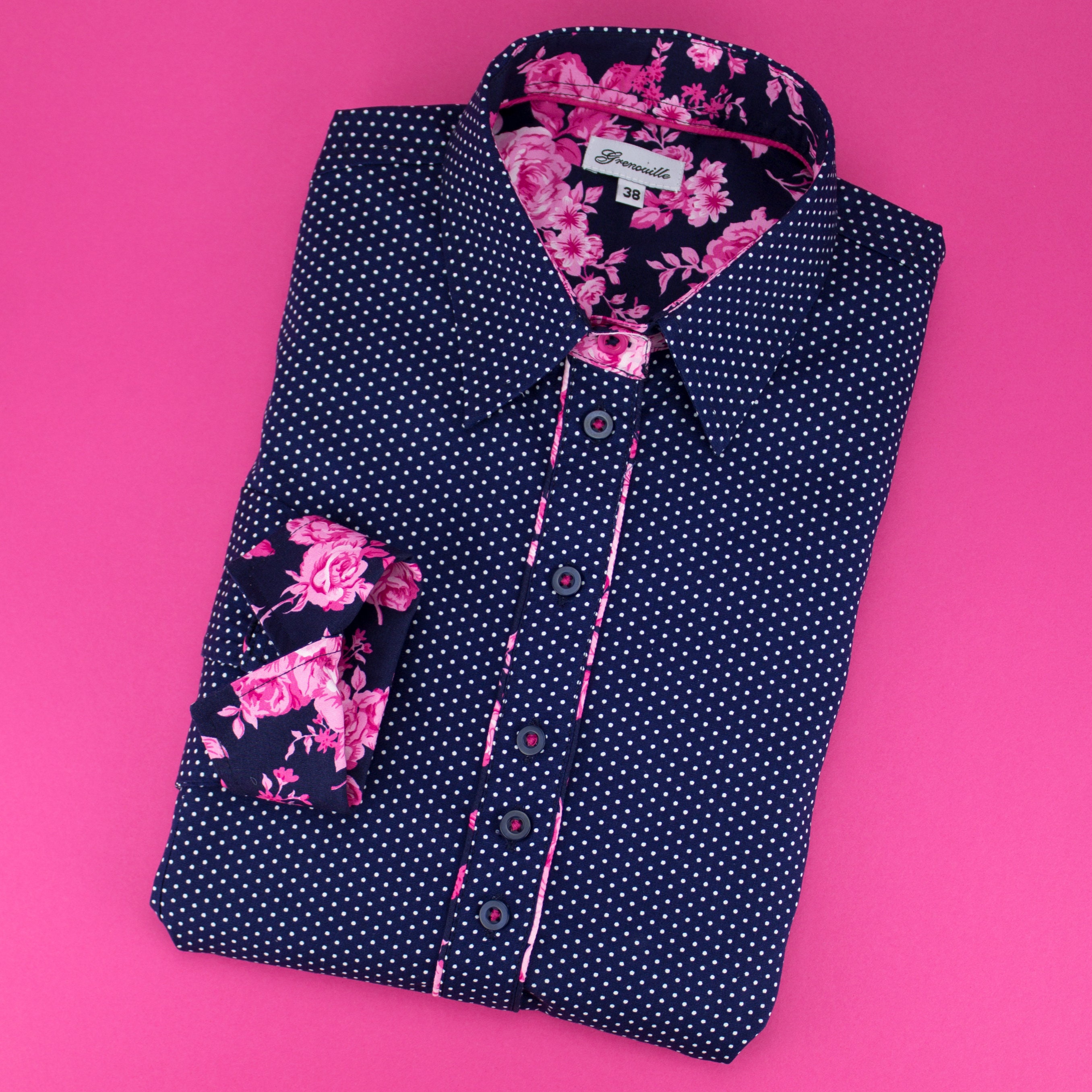 Ladies Long Sleeve Navy and White Polka 