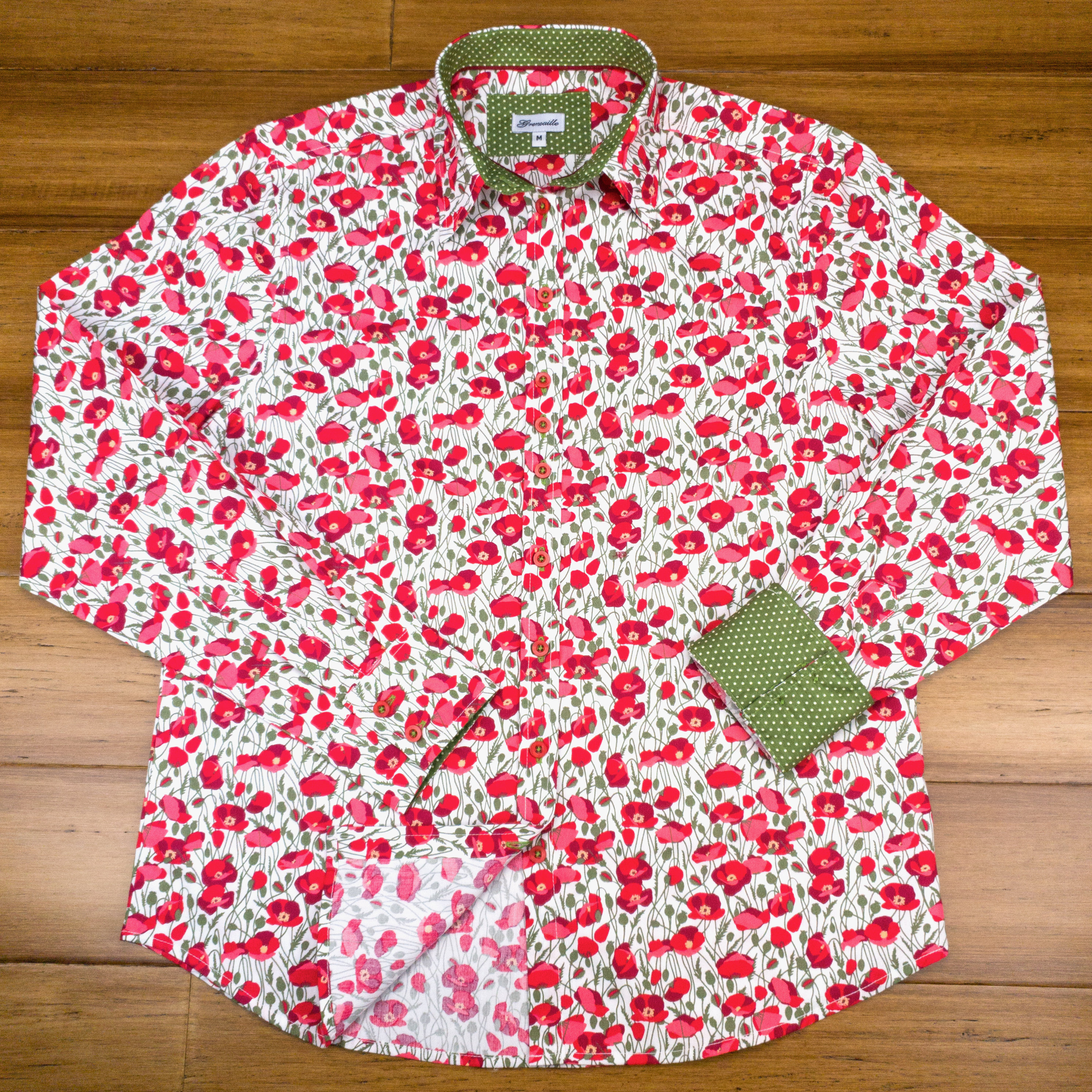 Grenouille Ladies Long Sleeve Red Poppies on Navy Polka Dots Stretch Cotton  Shirt