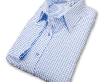 Grenouille Ladies 3/4 Sleeve Blue and White Gingham Check Seersucker Shirt | Grenouille Signature Shirts | Mother's Day / Birthday Gift