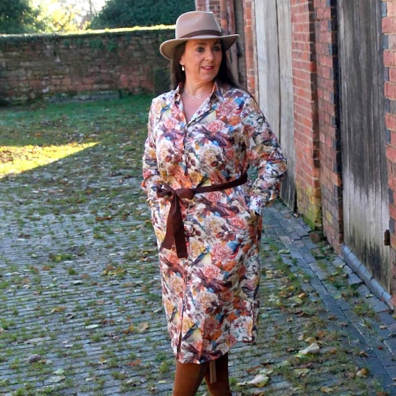 bird print shirt dress Ladies Autumn Bird Print Shirt Dress: Long Sleeve Cotton Calf Length