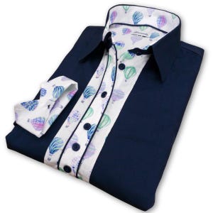 Ladies Long Sleeve Navy Blouse with Hot Air Balloon Print Detail | Grenouille Signature Shirts | Mother&#39;s Day / Birthday Gift