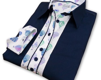 Ladies Navy Cotton Blouse: Hot Air Balloon Print, Long Sleeve Shirt
