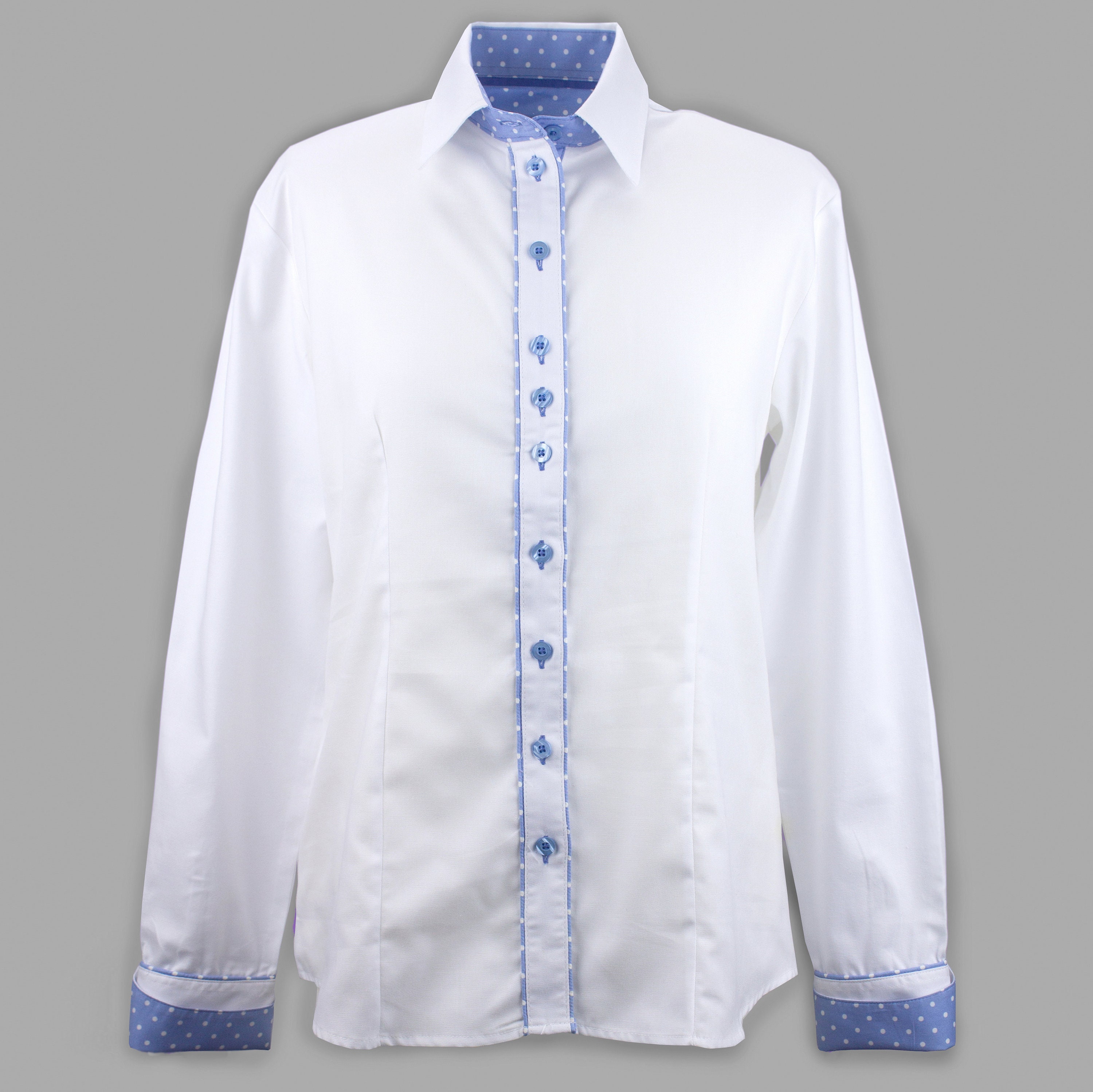 Ladies Long Sleeve White Blouse With Blue and White Polka Dot - Etsy UK