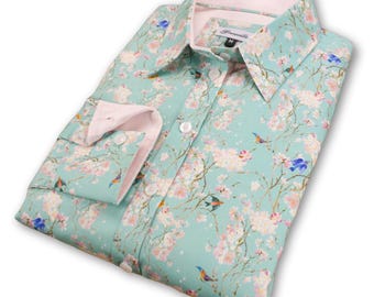 Ladies Turquoise Blossom Bird Print Shirt - Long Sleeve Cotton