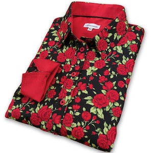 Ladies Red Rose Print Shirt: Fitted Long Sleeve Cotton Blouse
