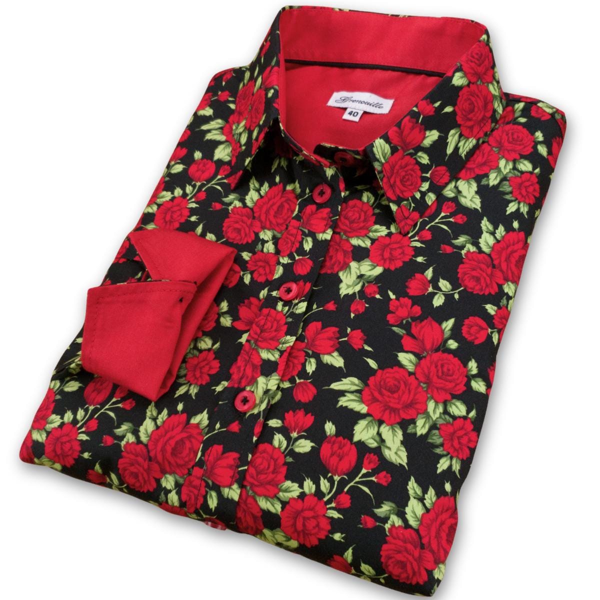 Ladies Red Rose Print Shirt: Fitted Long Sleeve Cotton Blouse
