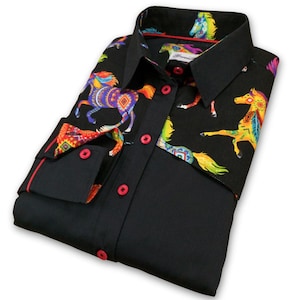 Ladies Black Western Shirt: Colorful Horse Print, Rodeo Style