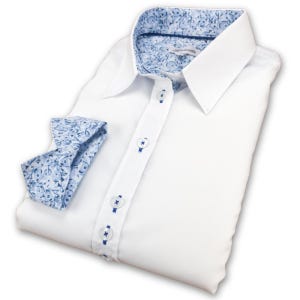 May include: White long-sleeved shirt with a blue and white patterned collar and cuffs. The shirt has a button-up front and a star-shaped button detail.