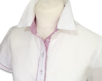 Ladies Grenouille Short Sleeve White Shirt with Lilac Flower Detail Accents
