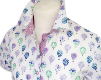 Grenouille Ladies Short Sleeve Lilac, Navy & Mint Hot Air Balloon Print Cotton Shirt