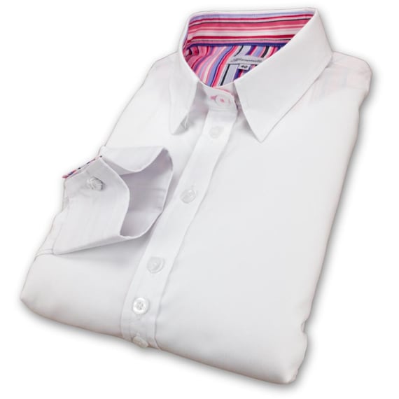 Ladies White French Cuff Shirt: Pink Stripe Accents, Fitted Cotton Blouse