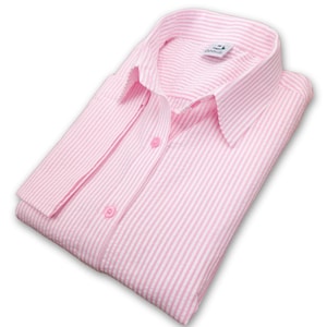 Ladies Pink Stripe Seersucker Shirt: 3/4 Sleeve Cotton Top