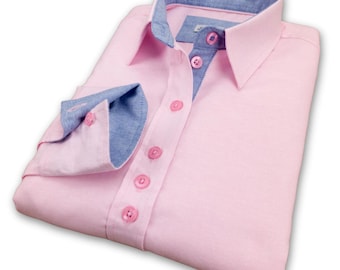 Grenouille Ladies Long Sleeve Pink Cotton Oxford Boyfriend Shirt / Blouse | Grenouille Signature Shirts | Mother's Day / Birthday Gift