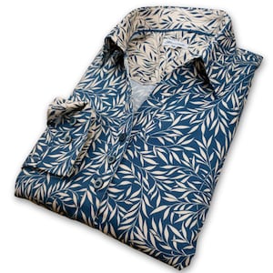 Grenouille Ladies Long Sleeve  Blue & Khaki Leaves Print Print Shaped Fit Open Neck Shirt | Grenouille Shirts | Mother&#39;s Day / Birthday Gift