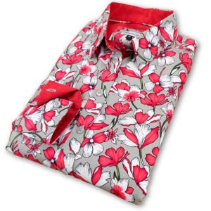 Ladies Floral Print Shirt: Grenouille Women's Grey & Red Cotton Top