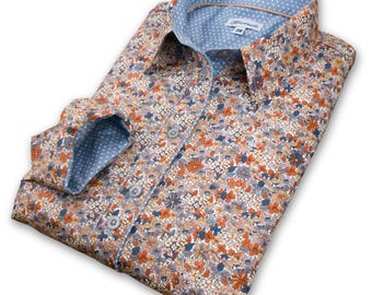 Ladies Long Sleeve Beige and Blue Flower Print Shirt / Blouse | Grenouille Signature Shirts | Mother's Day / Birthday Gift
