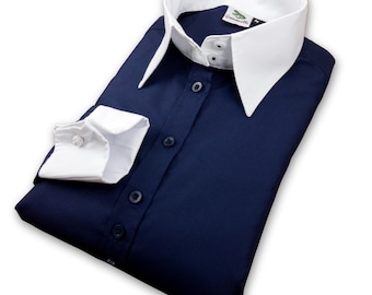 Grenouille Ladies Relaxed Fit Double Button Collar and French Cuff Navy Shirt / Blouse | Grenouille Shirts | Mother's Day / Birthday Gift
