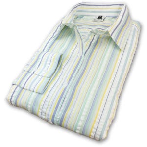 May include: A white long-sleeved button-down shirt with multi-coloured stripes in shades of blue, green, and yellow.