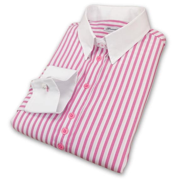 Ladies Pink Stripe French Cuff Shirt: Cotton Twill Blouse with Cufflinks