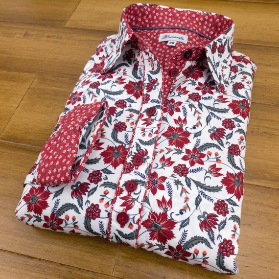 Grenouille Ladies Long Sleeve Red Jacobean Style Flower Print Shirt - Size 40