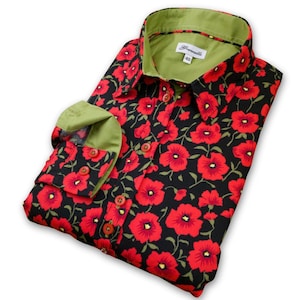 Red Poppy Print Shirt: Grenouille Black Cotton Long Sleeve