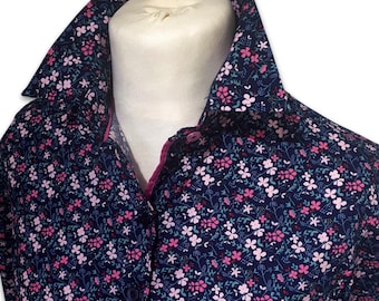 Grenouille Long Sleeve Pink & Mint on Navy Floral Cotton Poplin Shirt