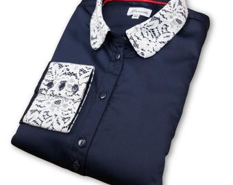 Damen Navy Bambus Seidenbluse: Langarm mit weißer Spitze Detail