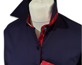Ladies Navy Twill Shirt: Chilli Accent Blouse, Fitted Cotton Shirt