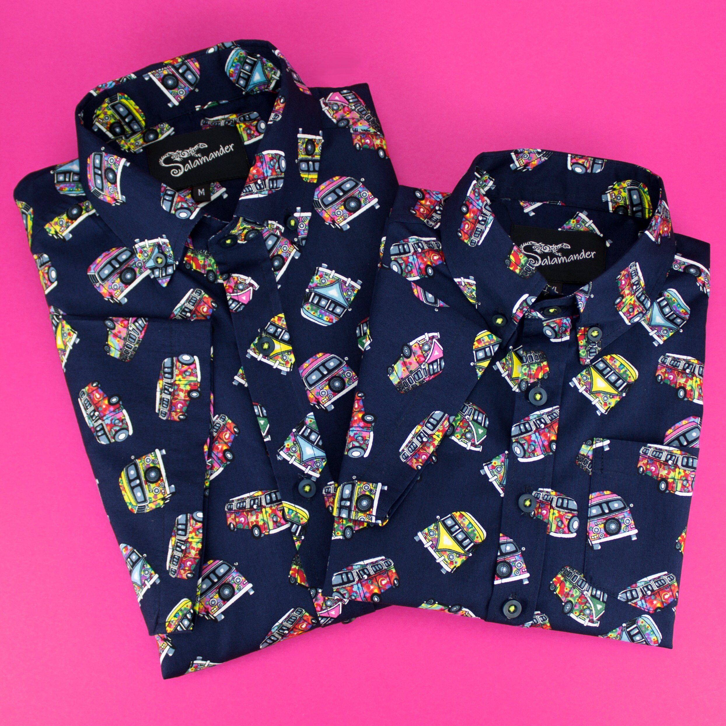 Image of Mens & Boys Short Sleeve Hippie Campervans Shirt | Salamander Shirts Father Son Matching Father's Day/Birthday Gift