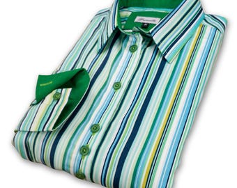 Ladies Mint Green Stripe Shirt: Relaxed Fit Cotton Poplin Long Sleeve