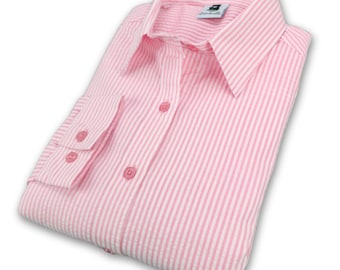 Grenouille Ladies Long Sleeve Bright Pink & White Stripe Seersucker Shirt | Grenouille Signature Shirts | Mother's Day / Birthday Gift