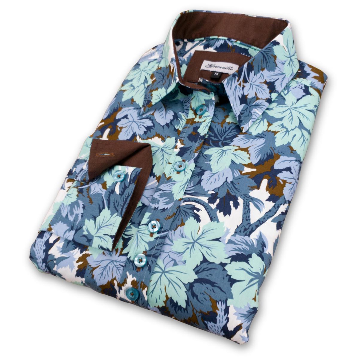 Grenouille Long Sleeve Mint, Blue and Brown Maple Leaf Print Shirt / Blouse | Mother's Day / Birthday Gift