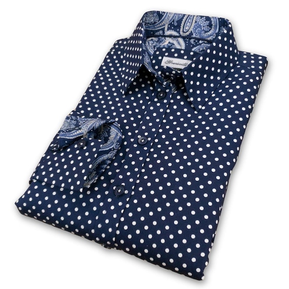 Ladies Navy Polka Dot Shirt with Paisley Accents - Grenouille Women's Cotton Top Ladies Navy Polka Dot Shirt with Paisley Accents - Grenouille Women's Cotton Top