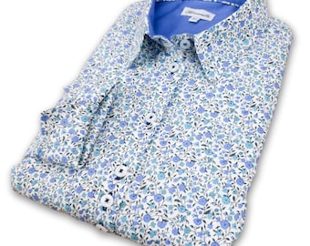 Chemise en popeline de coton fleurie pour femme : bleu grenouille style Liberty